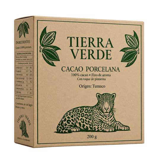 Caja de cartón kraft de Tierra Verde con chocolate de mesa 100% cacao porcelana de Tumaco con pimienta, 200 g